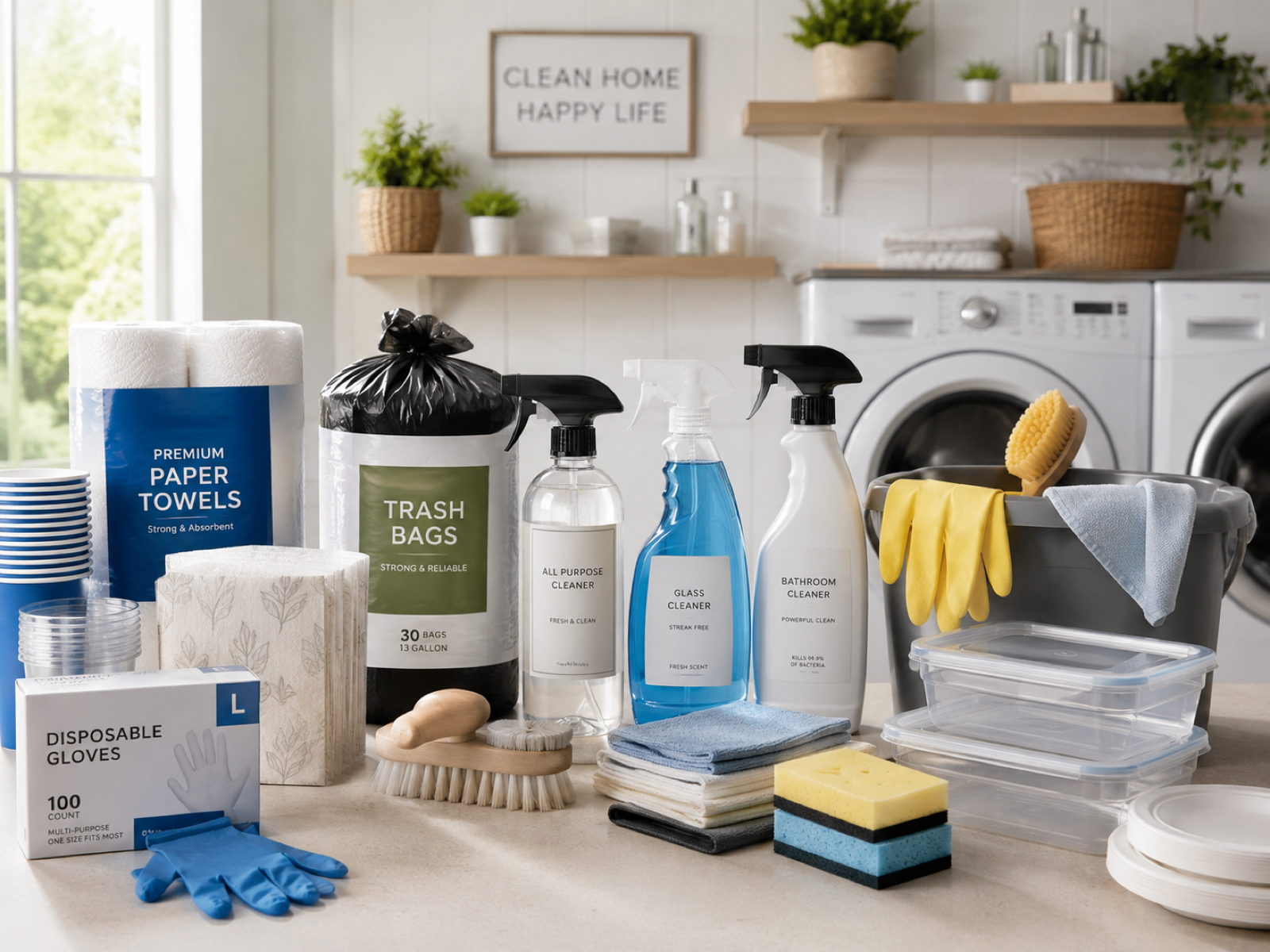Cleaning and disposable daily-use products arranged for category sourcing