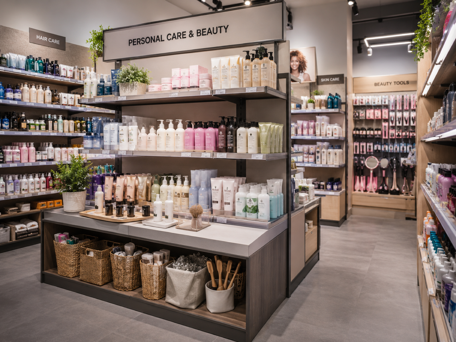 Personal care and beauty products arranged in a clean retail display